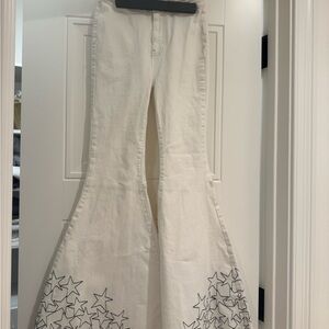 Free People White Flared Pants with Star Embroidery